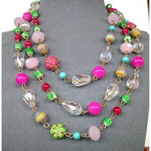 Vintage Multicolor Beaded Necklace With Gold Chain & Crystal Beads